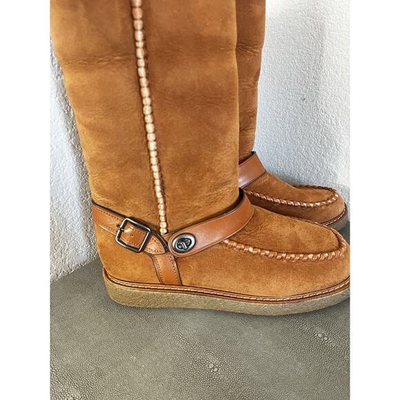 COACH Moto Shearling Turnlock Harness Brown Suede Winter Boot Size 7 - Picture 6 of 12